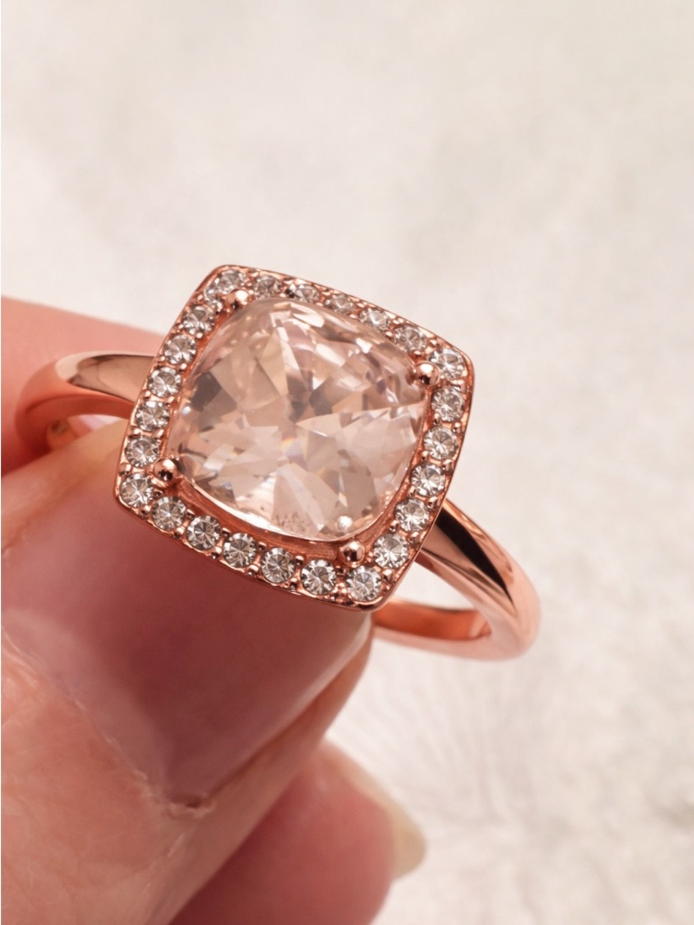 Rose Gold-Tone Cushion-Cut Halo Ring – Champagne Blush Crystal